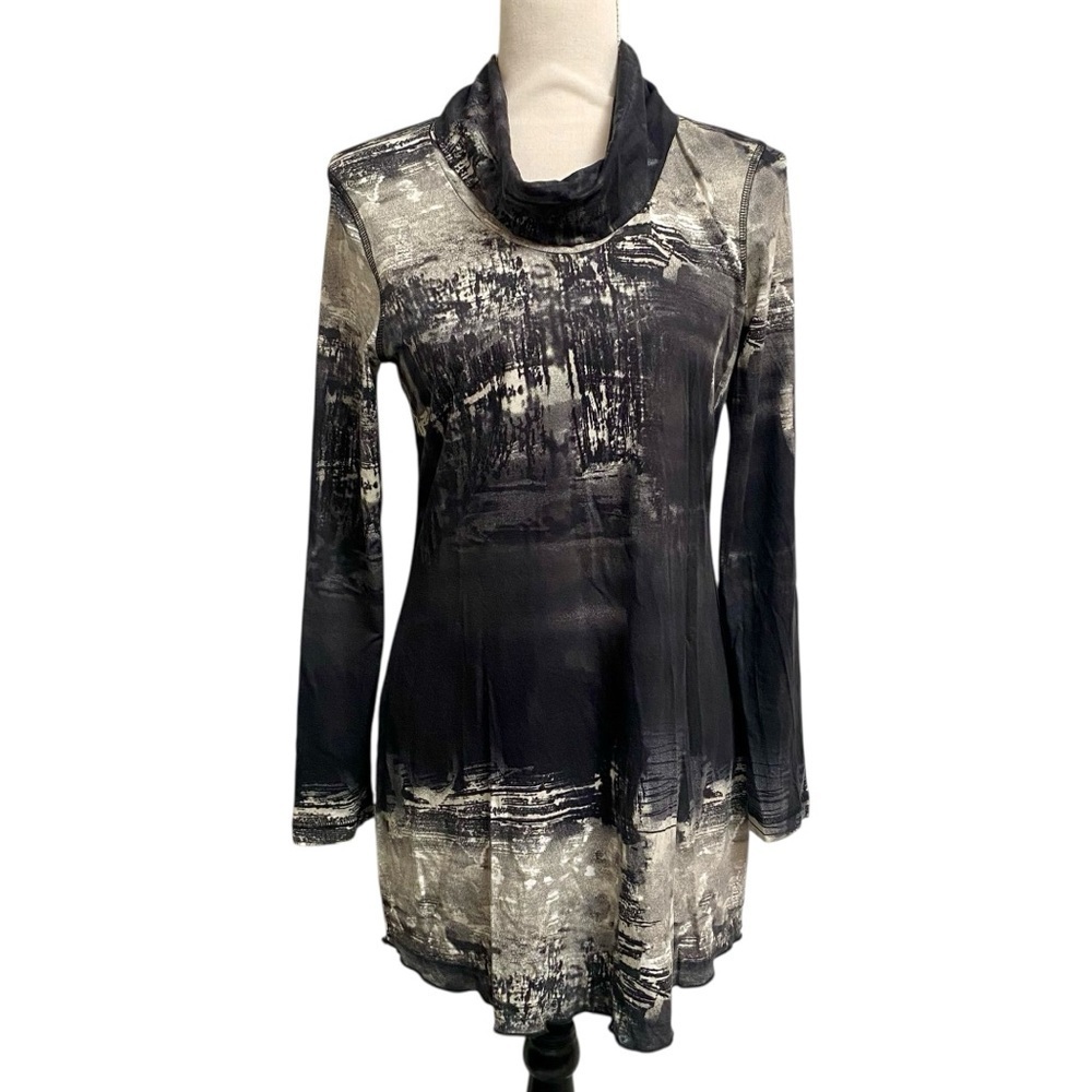 Sno Skins Cowl Neck Tunic Top Black Beige Abstract Print Stretch Made USA S